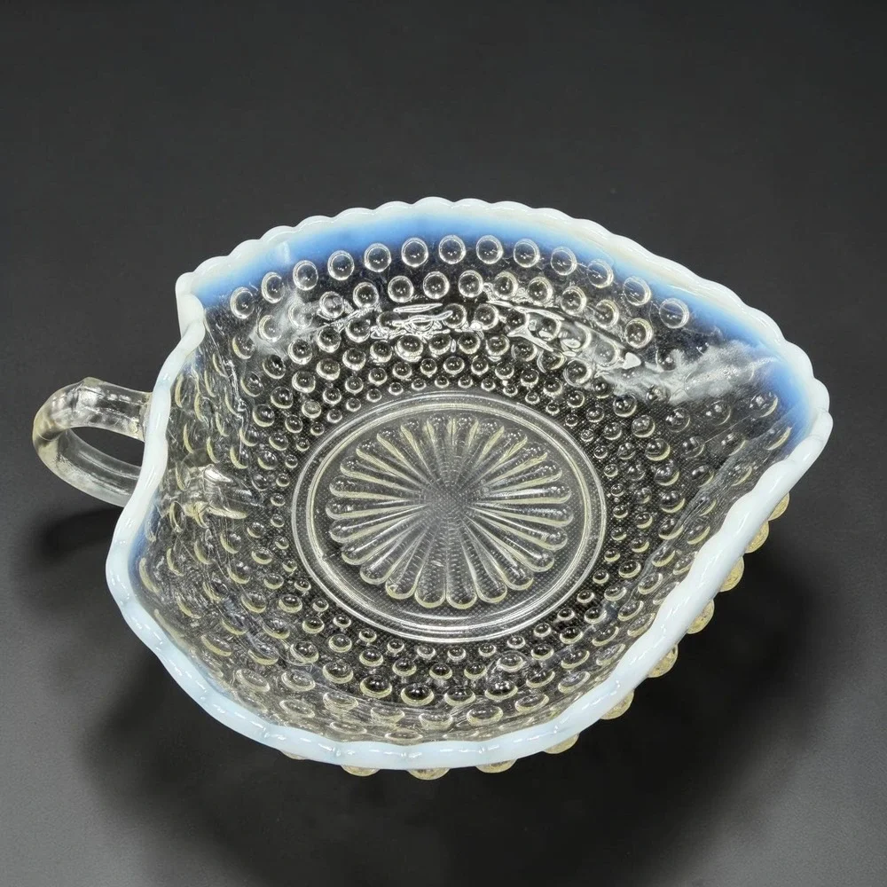 Anchor Hocking Moonstone Hobnail Opalescent Glass Bowl Ruffled Edge W‎ Handle